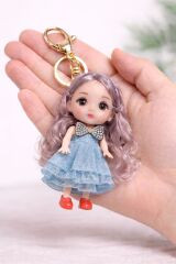 Taşlı Kurdele Detaylı Kız Bebek Anahtarlık – Uzun Saçlı Mini Bebek Figürlü Çanta Süsü Anahtarlık