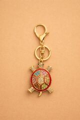 Renkli Taşlı Kaplumbağa Figürlü Anahtarlık Gold Metal Çanta Süsü Anahtarlık