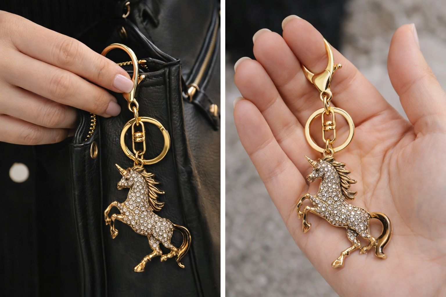 Taşlı At Figürlü Anahtarlık Gold Kaplama Şık Çanta Aksesuarı