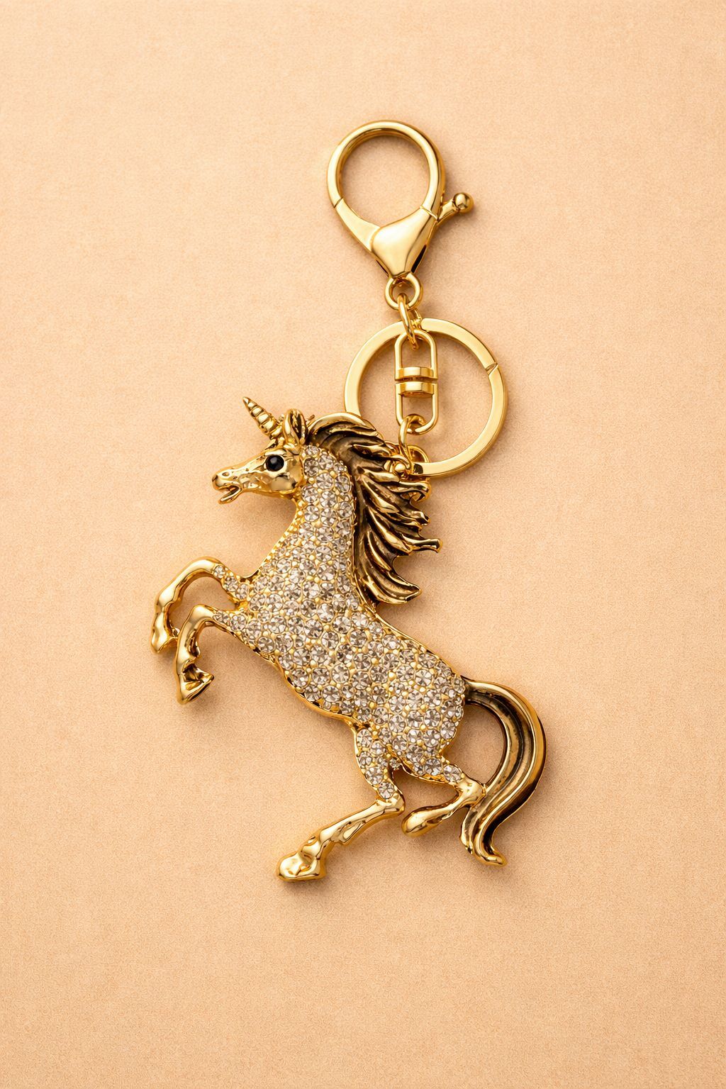 Taşlı At Figürlü Anahtarlık Gold Kaplama Şık Çanta Aksesuarı