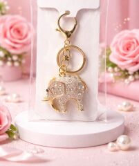 Taşlı Fil Figürlü Anahtarlık Gold Renk Klipsli Çanta Aksesuarı