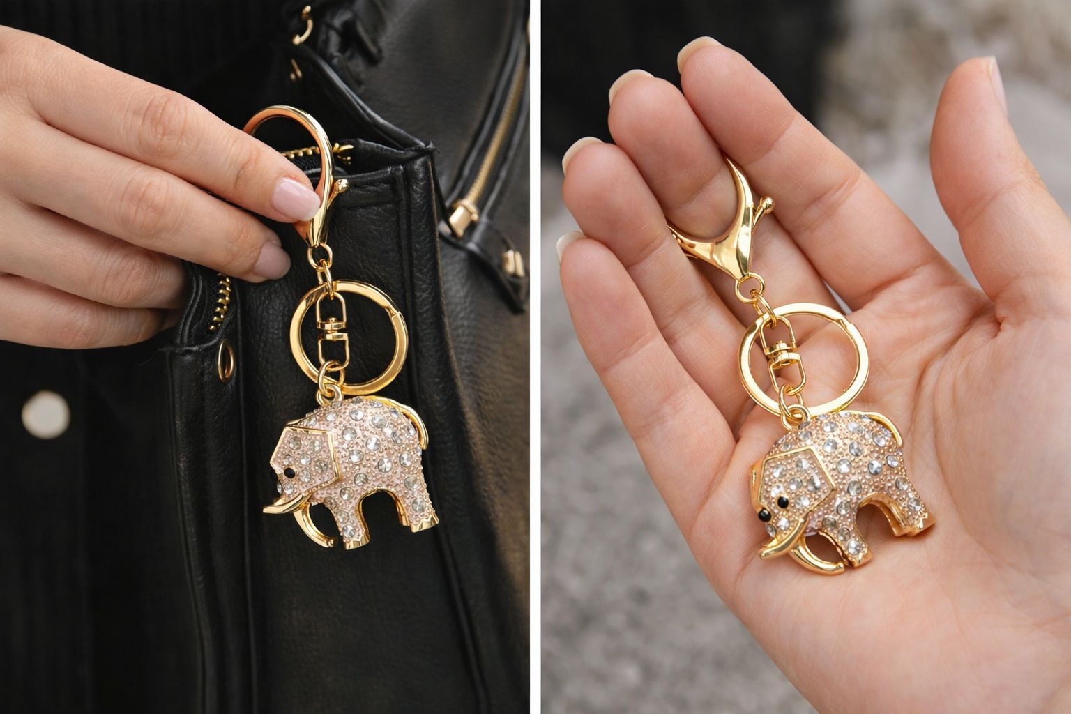 Taşlı Fil Figürlü Anahtarlık Gold Renk Klipsli Çanta Aksesuarı