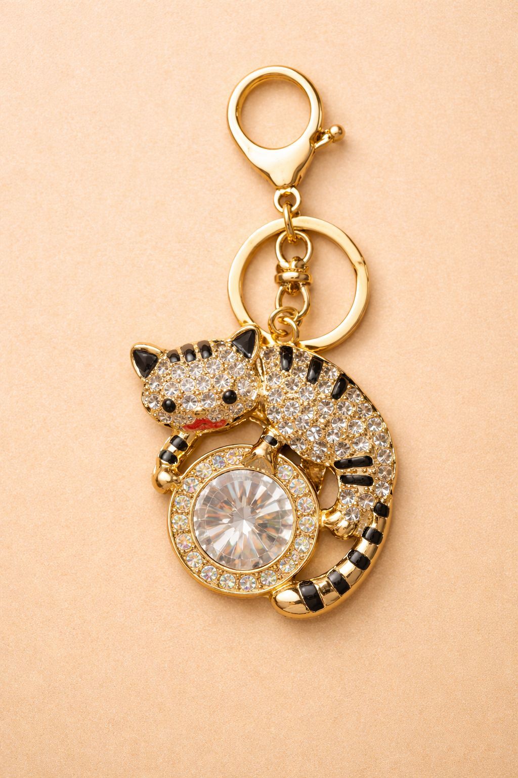 Taşlı Kedi Figürlü Anahtarlık Büyük Taş Detaylı Gold Çanta Süsü
