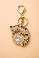 Taşlı Kedi Figürlü Anahtarlık Büyük Taş Detaylı Gold Çanta Süsü