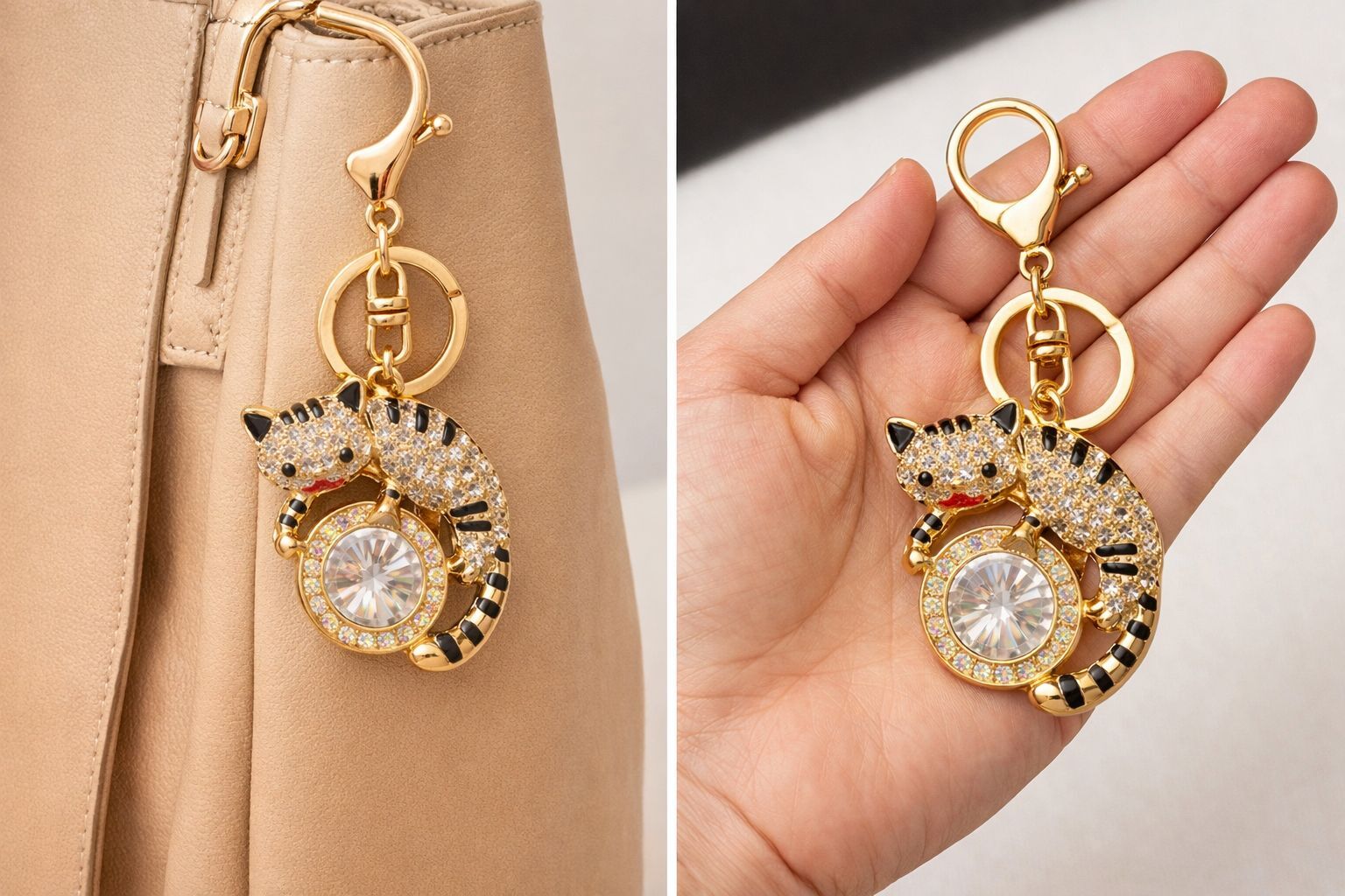 Taşlı Kedi Figürlü Anahtarlık Büyük Taş Detaylı Gold Çanta Süsü