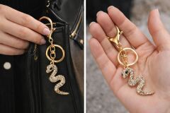 Taşlı Yılan Figürlü Anahtarlık Gold Renk  Çanta Aksesuarı Kristal Taşlı Şık Anahtarlık