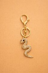 Taşlı Yılan Figürlü Anahtarlık Gold Renk  Çanta Aksesuarı Kristal Taşlı Şık Anahtarlık