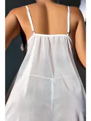 Beyaz Dantelli Tül Babydoll Kadın Fantazi Gecelik Takımı (Tanga Dahil) 7007
