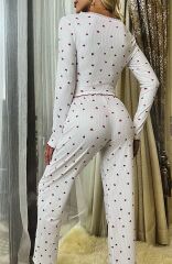 Kalp Desenli Fitilli Uzun Kollu Kadın Pijama Takımı 3826