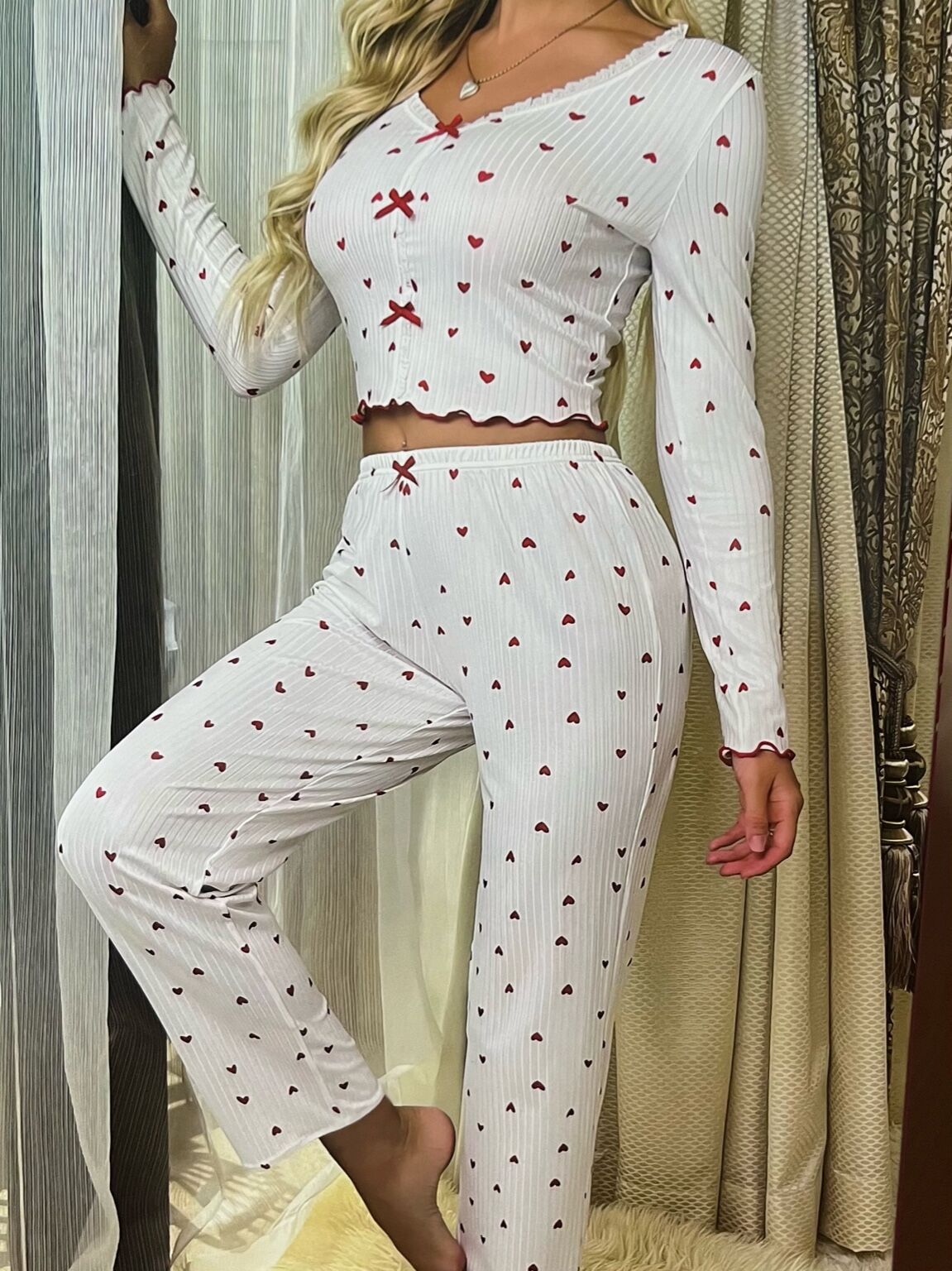 Kalp Desenli Fitilli Uzun Kollu Kadın Pijama Takımı 3826