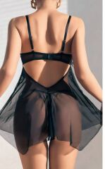 Siyah Transparan Tül Babydoll Kadın Fantazi Gecelik Takımı Fiyonk Detaylı (Tanga Dahil)7022