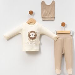 Aslan Nakışlı Yenidoğan 3’lü Hastane Çıkışı Seti (Zıbın Takım)