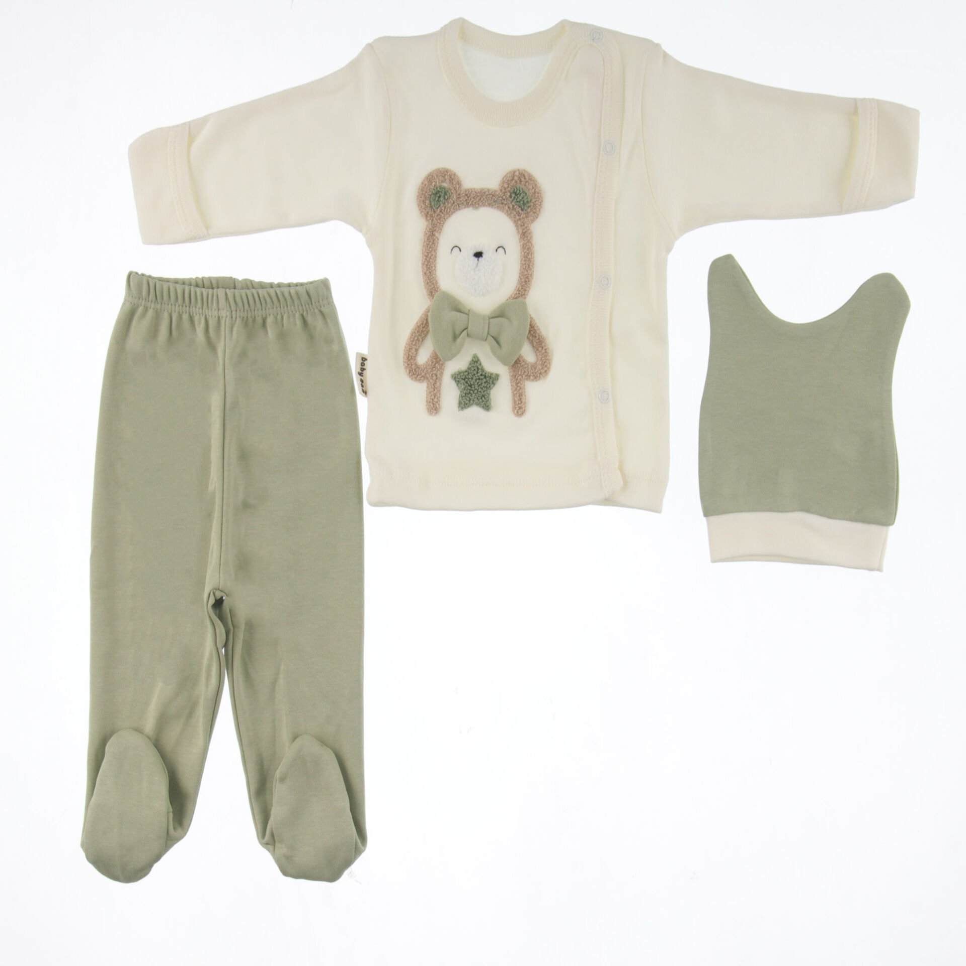 Ayıcık Nakışlı Yenidoğan 3’lü Hastane Çıkışı Seti (Çıtçıtlı Üst + Patikli Alt + Şapka)