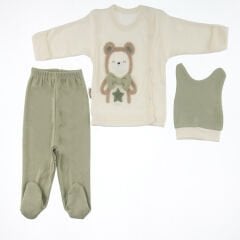 Ayıcık Nakışlı Yenidoğan 3’lü Hastane Çıkışı Seti (Çıtçıtlı Üst + Patikli Alt + Şapka)