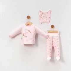 Çiçek Desenli Yenidoğan 3’lü Hastane Çıkışı Seti (Çıtçıtlı Üst + Patikli Alt + Şapka)