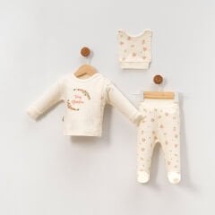 Çiçek Desenli Yenidoğan 3’lü Hastane Çıkışı Seti (Çıtçıtlı Üst + Patikli Alt + Şapka)