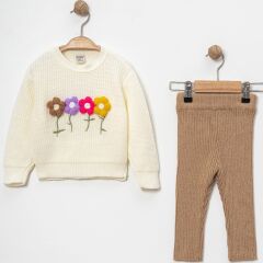 Çiçek Detaylı Kız Çocuk Triko Takım (Kazak + Pantolon) 9-12 AY
