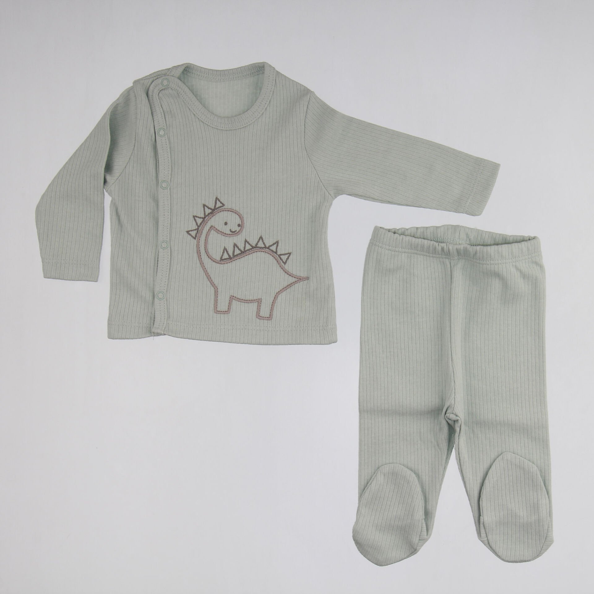 Dinozor Nakışlı Yenidoğan 2’li Takım (Çıtçıtlı Üst + Patikli Alt)