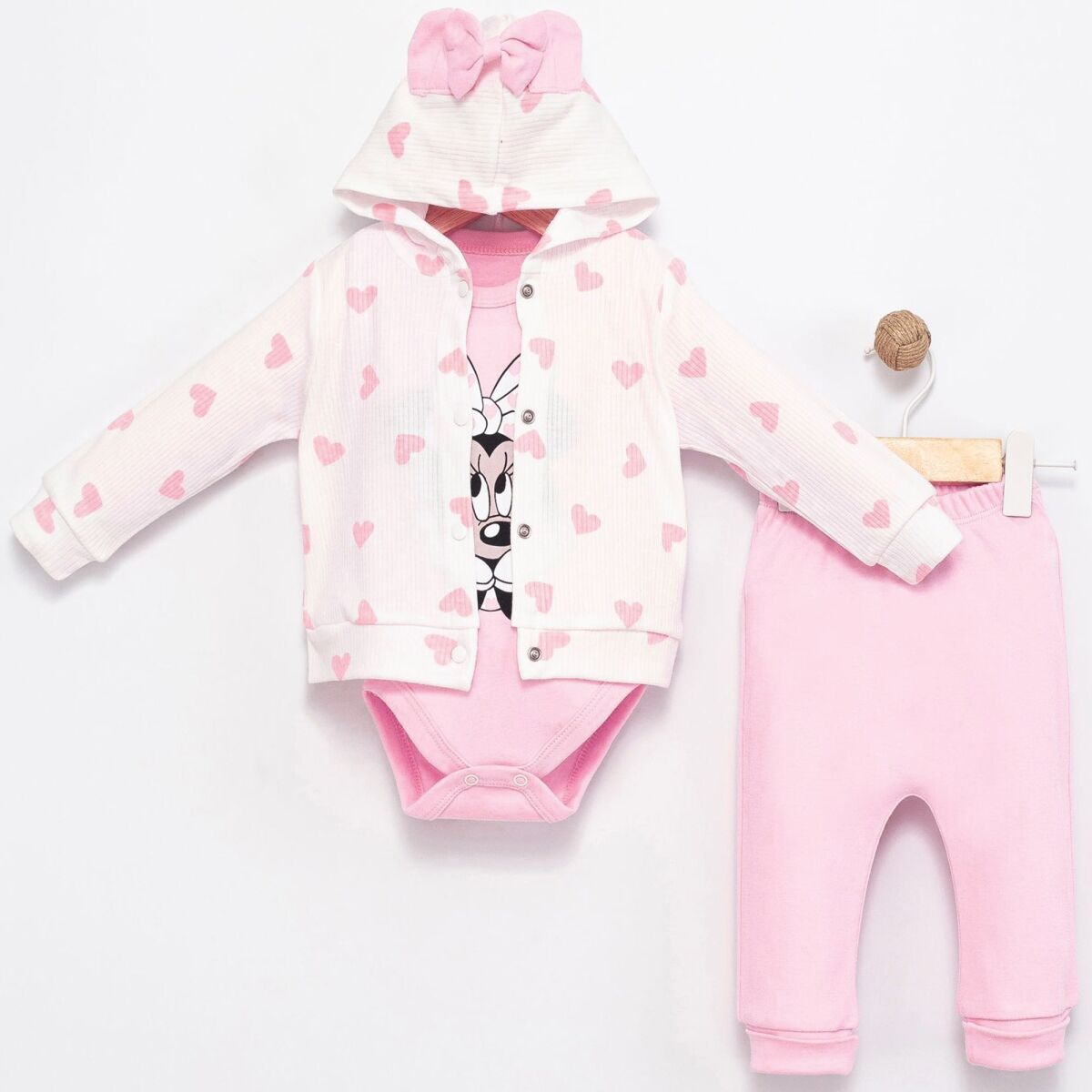 Kalp Desenli Kapüşonlu Kız Bebek 3’lü Takım (Hırka + Body + Pantolon)