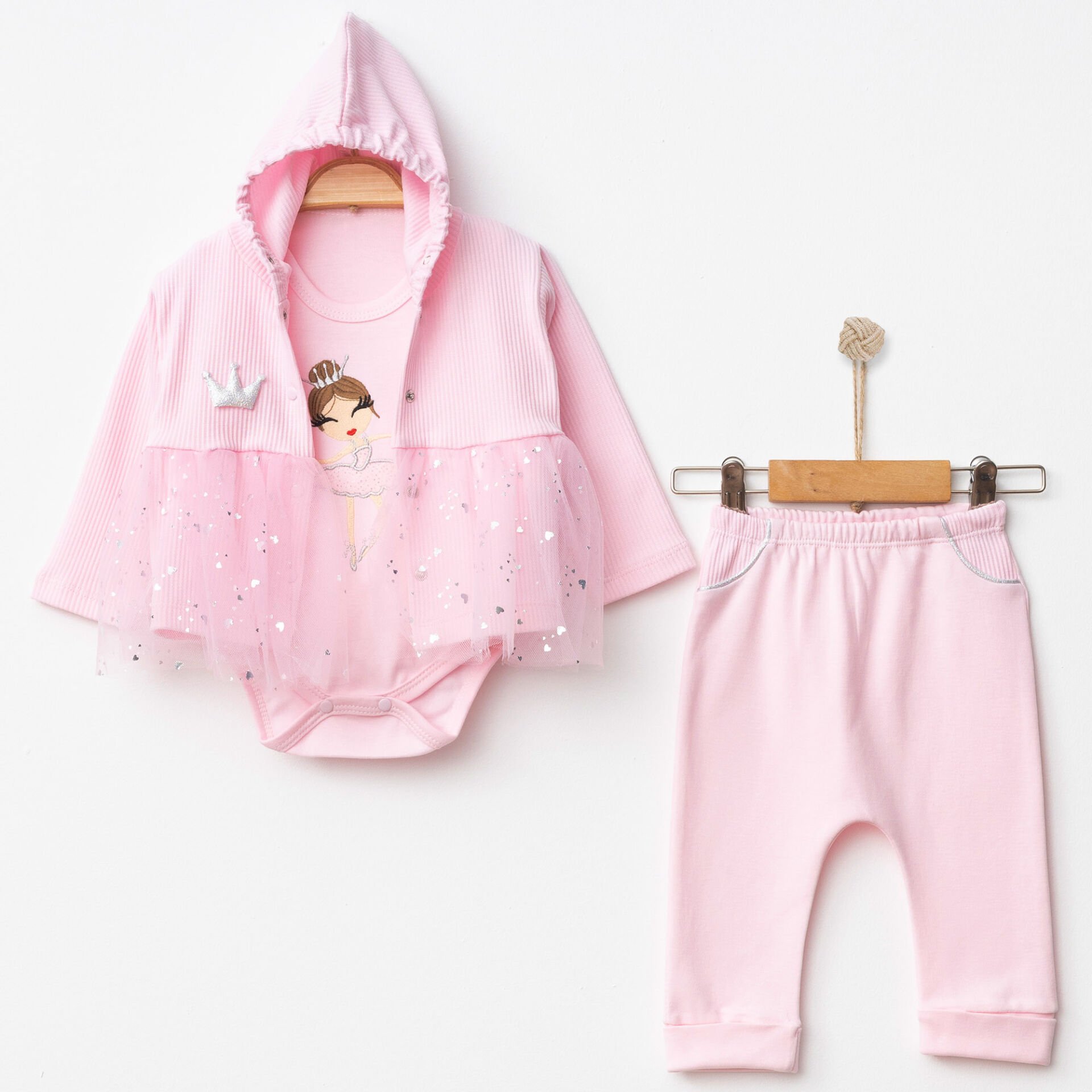 Kız Bebek 3’lü Tüllü Takım (Kapüşonlu Hırka + Body + Pantolon)