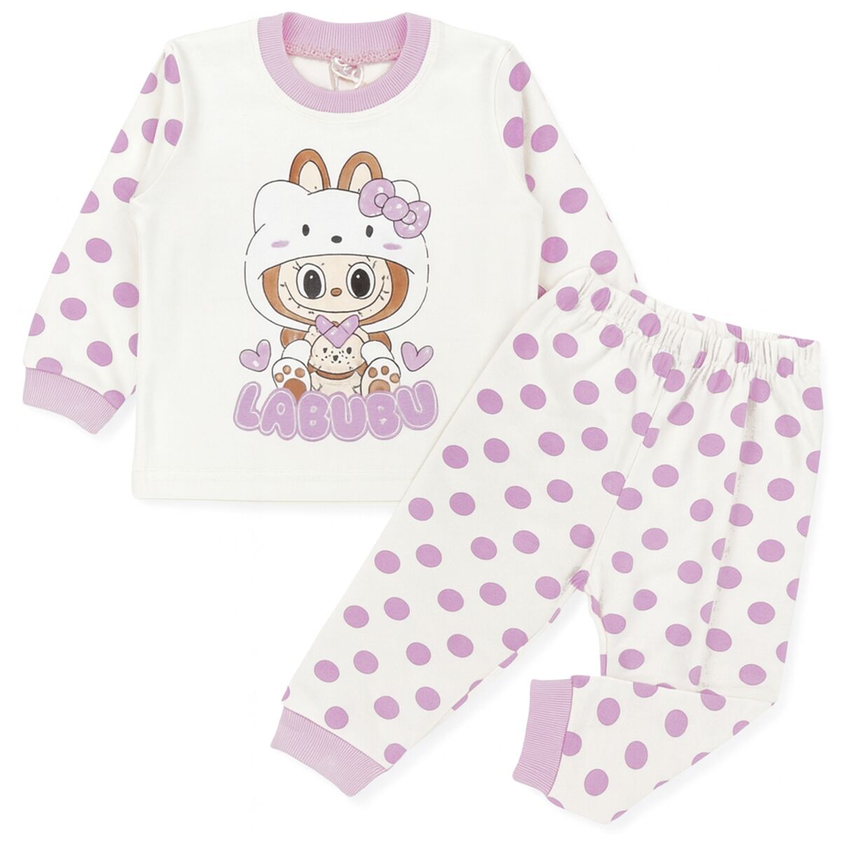 Labubu Baskılı Puanlı Kız Çocuk Pijama Takımı (Uzun Kollu Üst + Alt) 6-12 AY