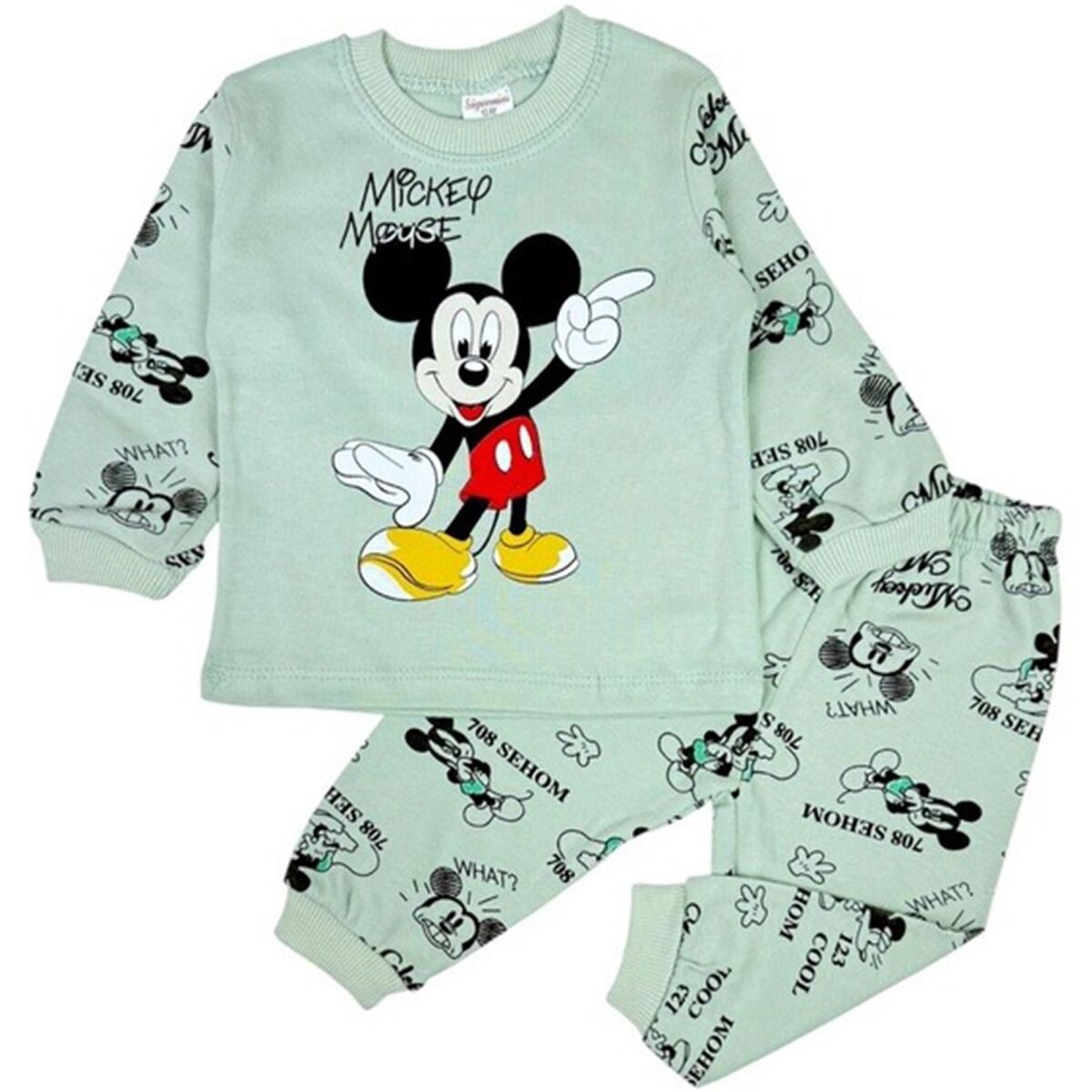 Mickey Mouse Baskılı Erkek Çocuk Pijama Takımı (Uzun Kollu Üst + Alt) 6-12 AY
