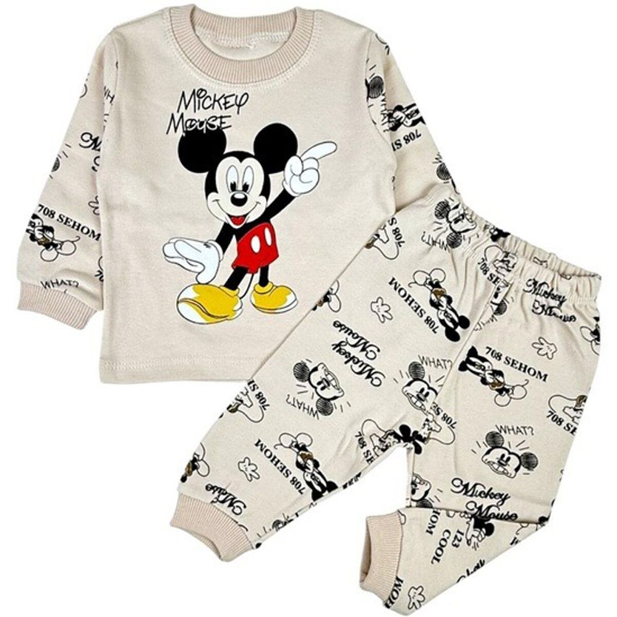 Mickey Mouse Baskılı Erkek Çocuk Pijama Takımı (Uzun Kollu Üst + Alt) 6-12 AY