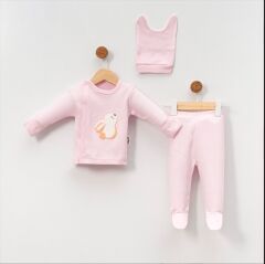 Tavşan Nakışlı Yenidoğan 3’lü Hastane Çıkışı Seti (Çapraz Çıtçıtlı Üst + Patikli Alt + Şapka)